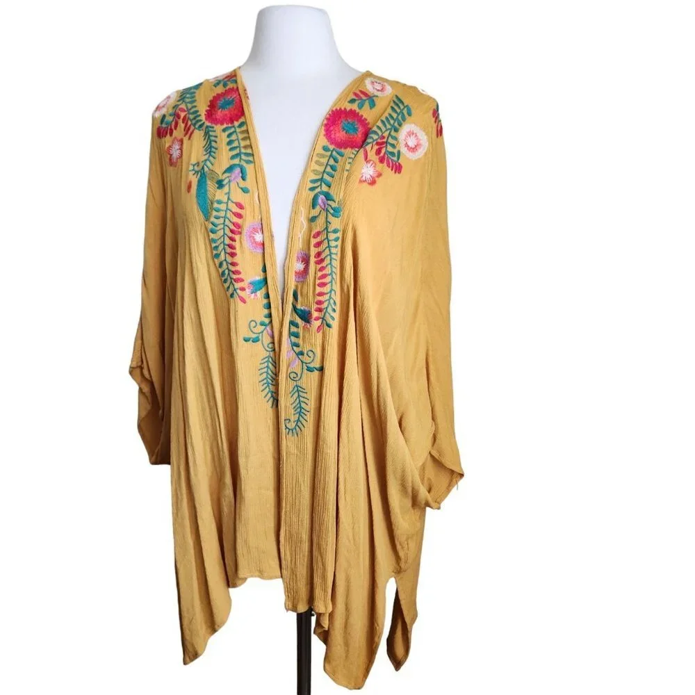 Umgee Mustard Yellow‎ Floral Embroidered Kimnono Cardigan Sz S/M Boho Cottage - Picture 15 of 15